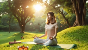 春天树林草地阳光美女练瑜伽图片